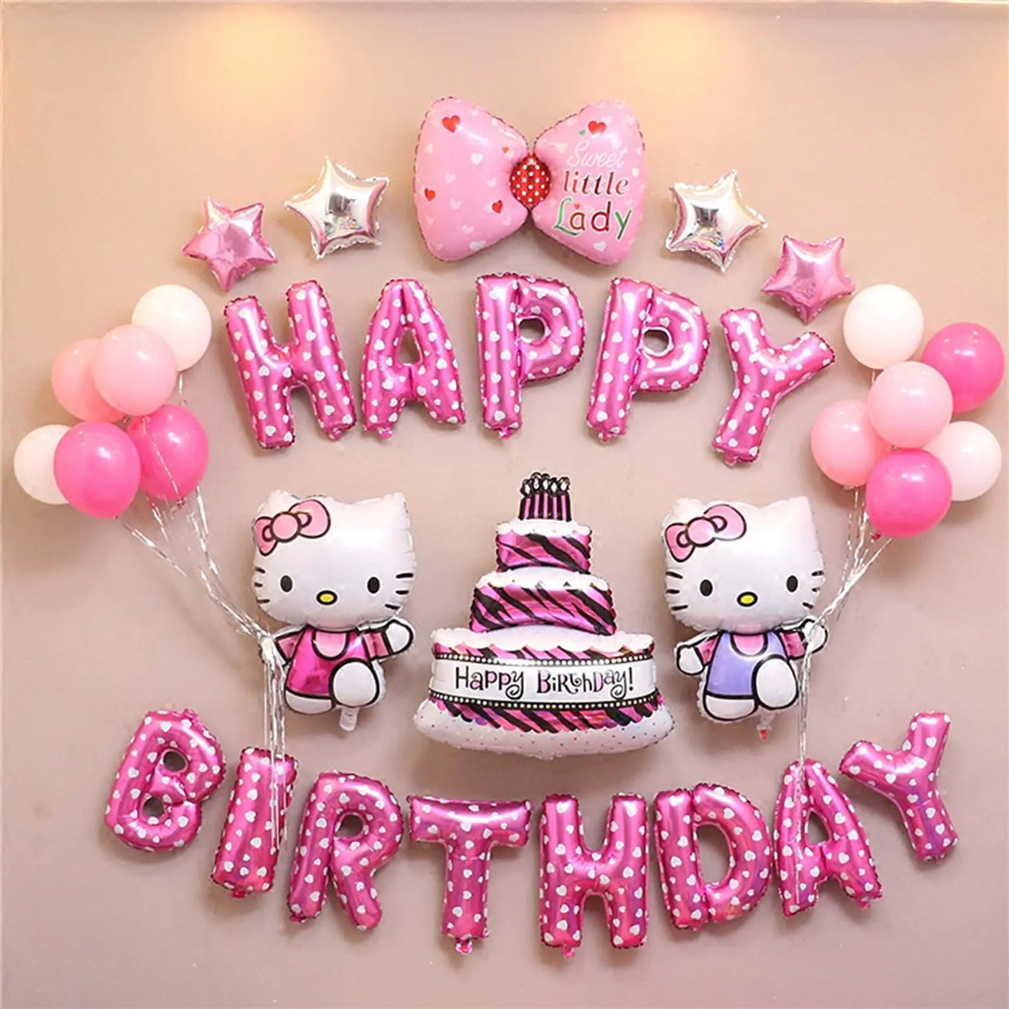 24Pcs Birthday Party Decorations Happy Birthday Banner - Cute Pink Party Aluminum Film Balloons Cartoon Theme Party Supplies for Girls