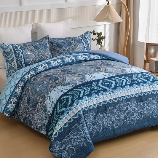 WONGS BEDDING Boho Comforter Set Queen Size Bohemian Navy Blue Bedding Comforter Set3 Pieces Lightweight Microfiber Bedding Set for All Season(90"x90")