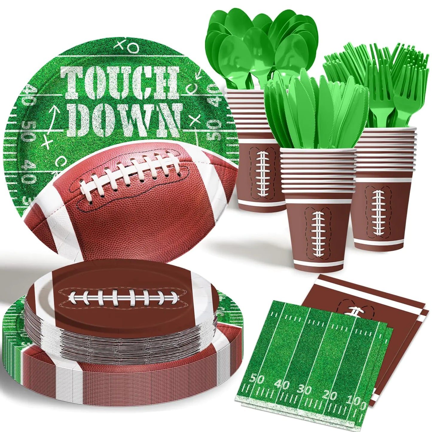 Football Party Supplies Kit Football Party Dinner Plates Dessert Plates Napkins Cups and Cutlery for Football Birthday Party Football Tailgate Party Decorations Serve 24 Guest