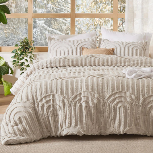 Bedsure Boho Tufted Queen Comforter Set - Beige Boho Bedding Comforter Sets 3 Pieces Farmhouse Shabby Chic Embroidery Bed Set Soft Fluffy Cozy Arch Pattern Comforter for All Seasons