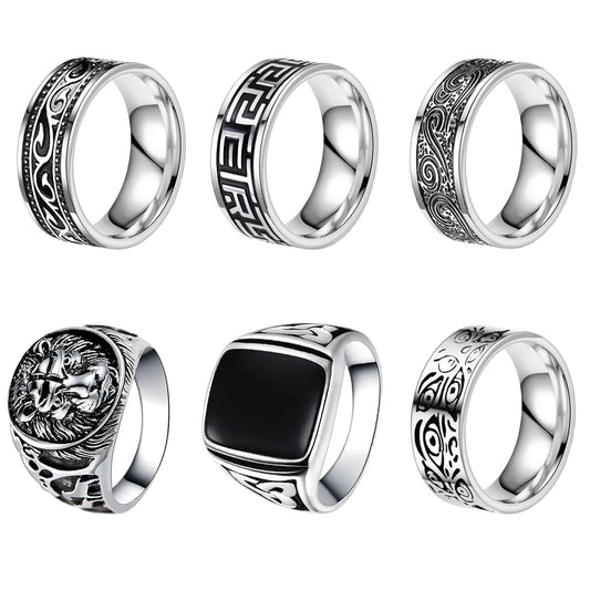 FIRSAUKI 6Pcs Stainless Steel Rings for Men Greek Signet Thumb Silver Retro Carving Celtic Band Rings Vintage Biker Band Rings Set 9