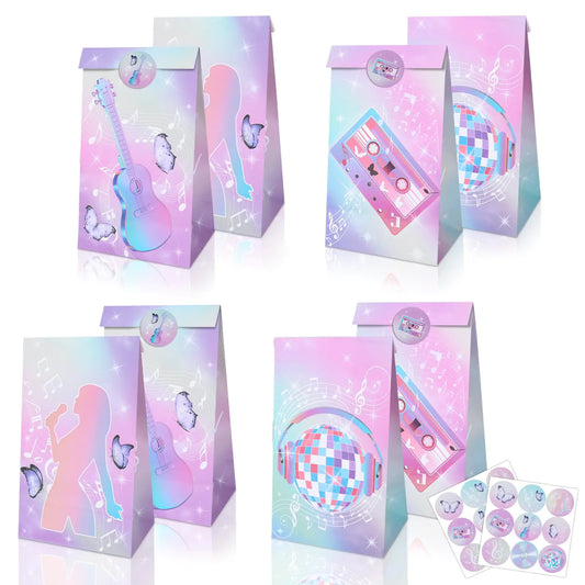 Rukoy 12 Pcs Music Party Gift Bags with Stickers Girls Birthday Party Favors Bags Singer Themed Birthday Goodie Bags Bachelorette Party Music Party Favors Gift Bags
