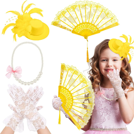 Sintege 4 Pcs Girls Tea Party Supplies Set Tea Party Gloves Hats Girls Tea Party Necklace Fan for Girls Tea Party Favor(Yellow)
