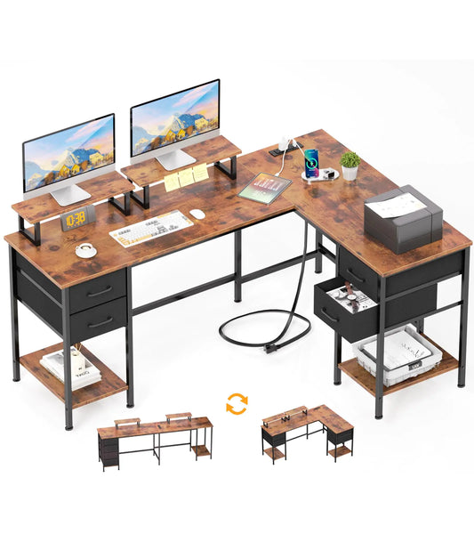 Korfile L Shaped Computer Desk with Power Outlets Home Office Desk with 4 Adjustable Storage Drawers Corner Desk with 2 Monitor Stands Two Person Gaming Desk for Bedroom 59 inch Rustic Brown