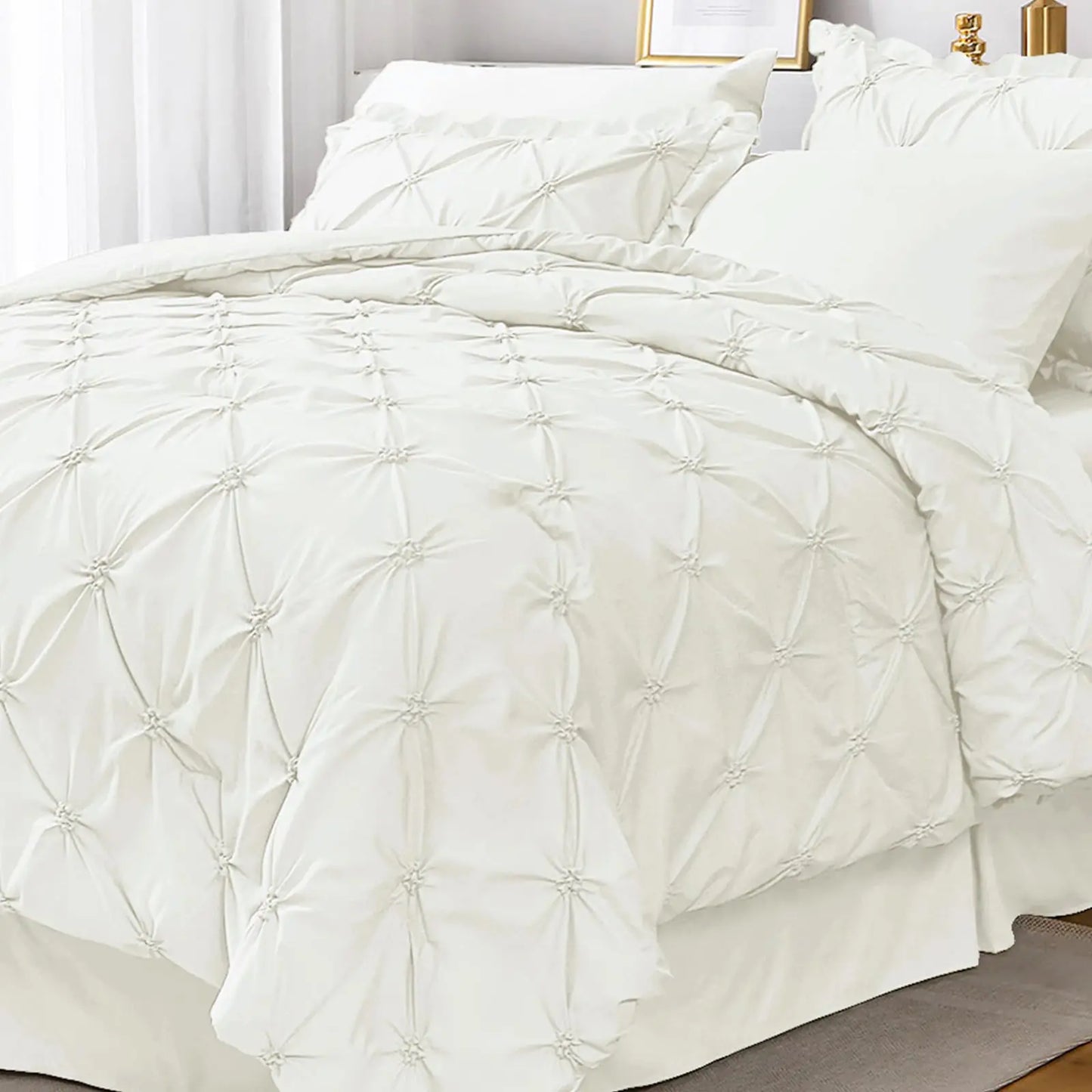 JOLLYVOGUE Ivory Queen Size Comforter Sets 7 Pieces Pintuck Bed in a Bag Comforter Set for Bedroom Bedding Comforter Sets with Comforter Sheets Ruffled Shams & Pillowcases