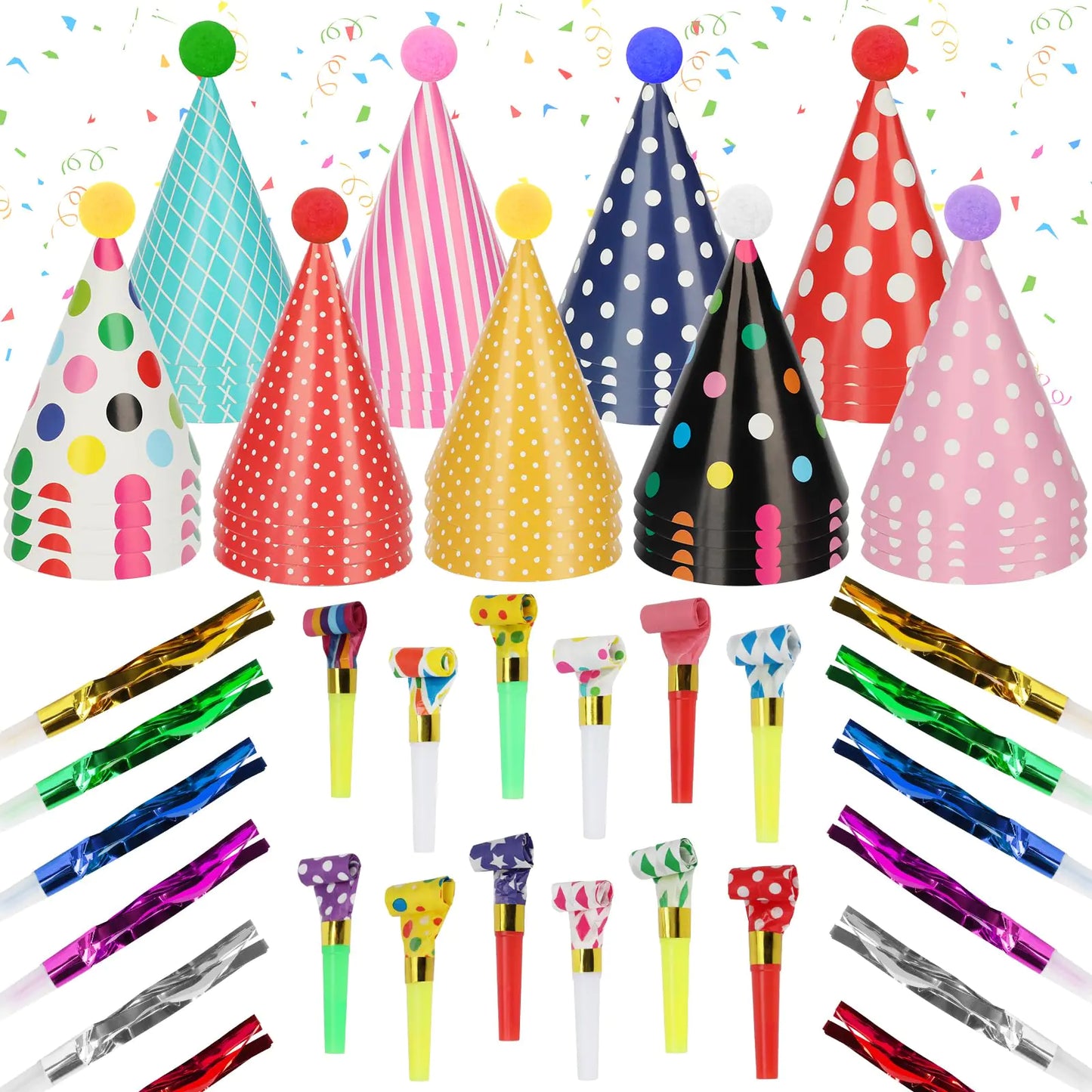 SAYAYA 116 PCS Party Cone Hats Assorted Cone Paper Hat with Party Blowers and Metallic Fringed Noise Makers Birthday Party Cone Hats Blowouts for Birthday Party Supplies