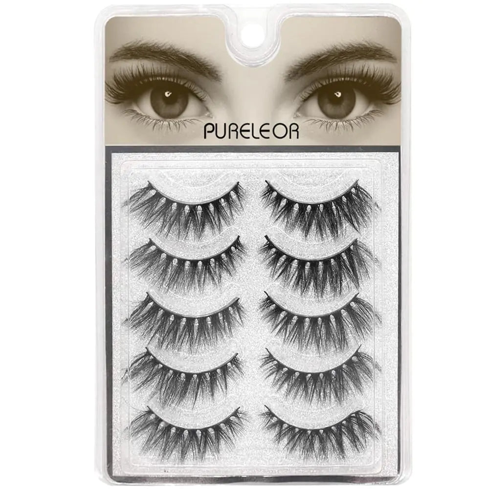 PURELEOR Fluffy Cat Eye-Lash 3D Natural Mink Eyelashes Look Wispies False Lashes 15mm Soft Reusable Eyelashes For Small Eyes Lightweight No Glue 5 Pairs