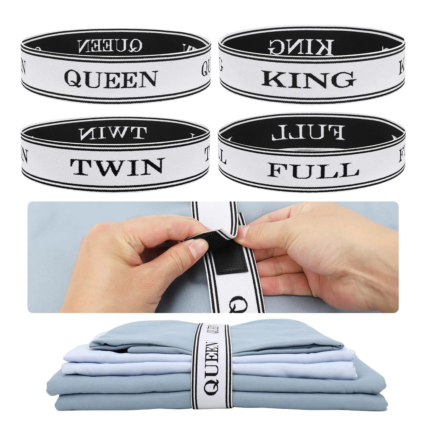 BROPGOD Bed Sheet Organizer Bands with Velcro-Adjustable Sheet Organizers and Storage Label Bands for Linen Closet-Elastic Bedding Sheet Keeper Straps for Bedsheet Sets (Mix 4PCs)