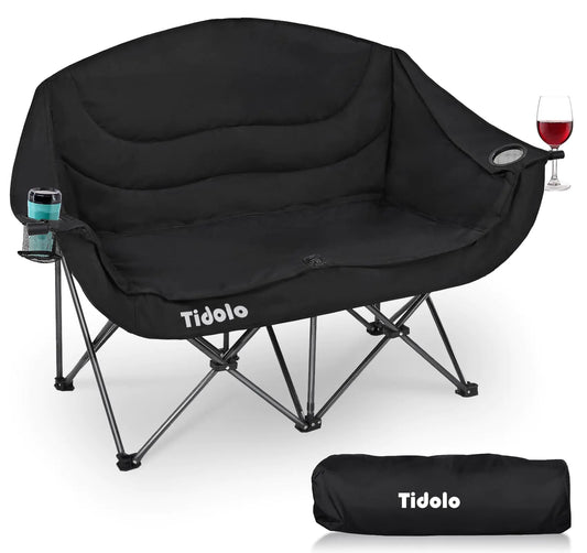 Tidolo Double Camping Chair2 Person Black Camping Chair for AdultOversized Padded Folding Loveseat Camping ChairHeavy Duty Lawn Chair Outside Camping Couch with Cup Wine Glass Holder Support 600LBS