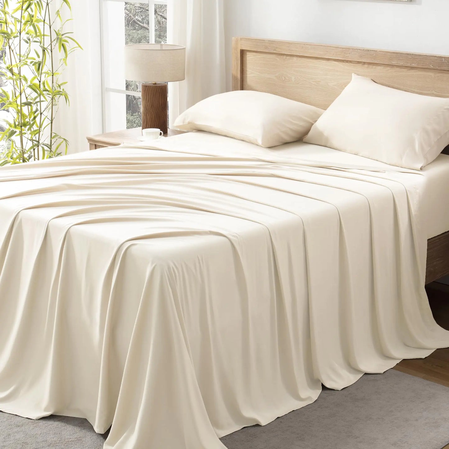 Andency California King Sheet Sets 100% Viscose Derived from Bamboo Cooling Sheet Set Deep Pocket Up to 16" Silky Soft Bed Sheets Hotel Luxury Breathable Bedding Sheets & Pillowcases Beige
