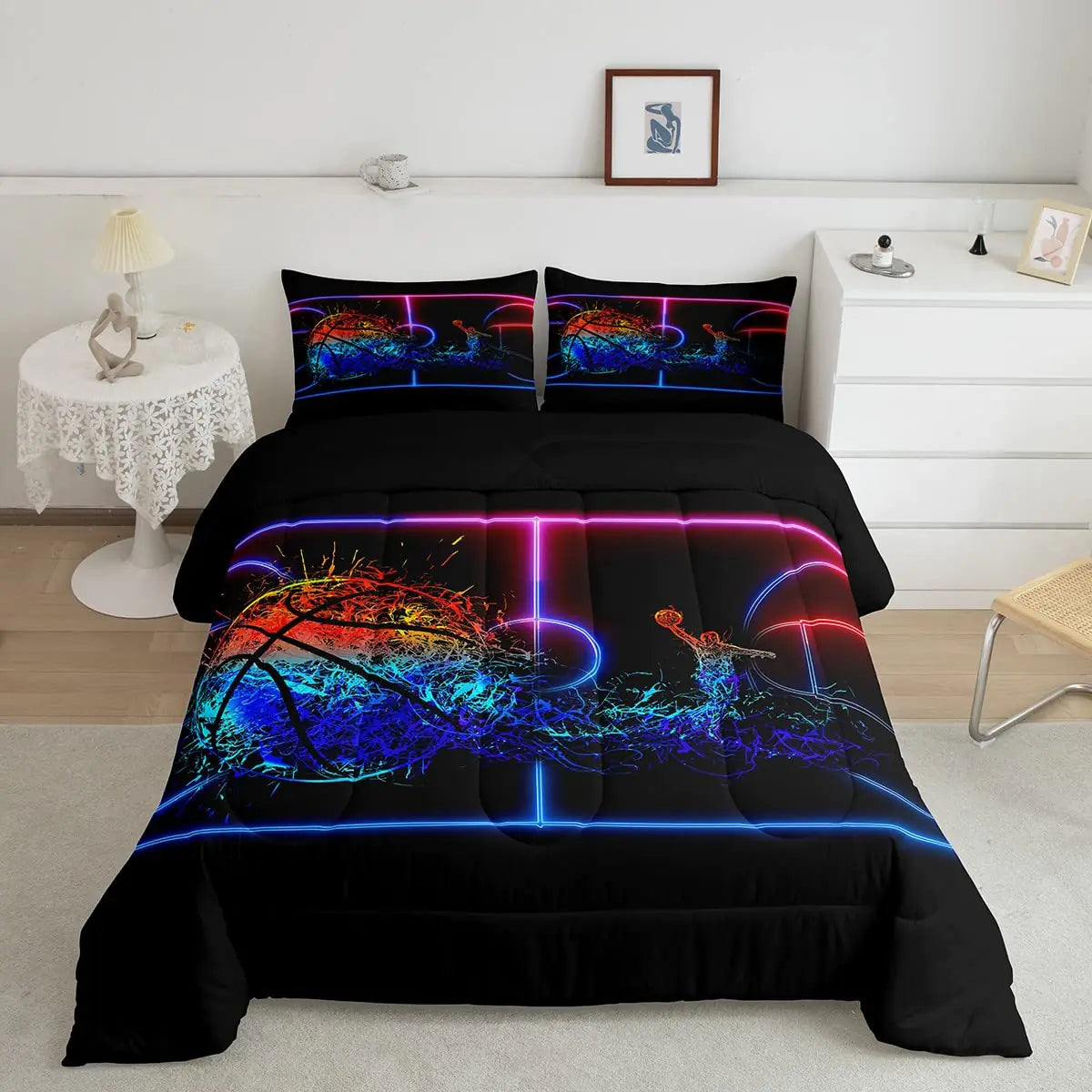 Erosebridal Basketball Comforter Set Full 3D Sports Bedding Sets for Boys Teens Kids Men Tie Dye Fire and Ice Comforter Player Sport Game Warm Soft Lightweight Red Blue Quilt Set Black