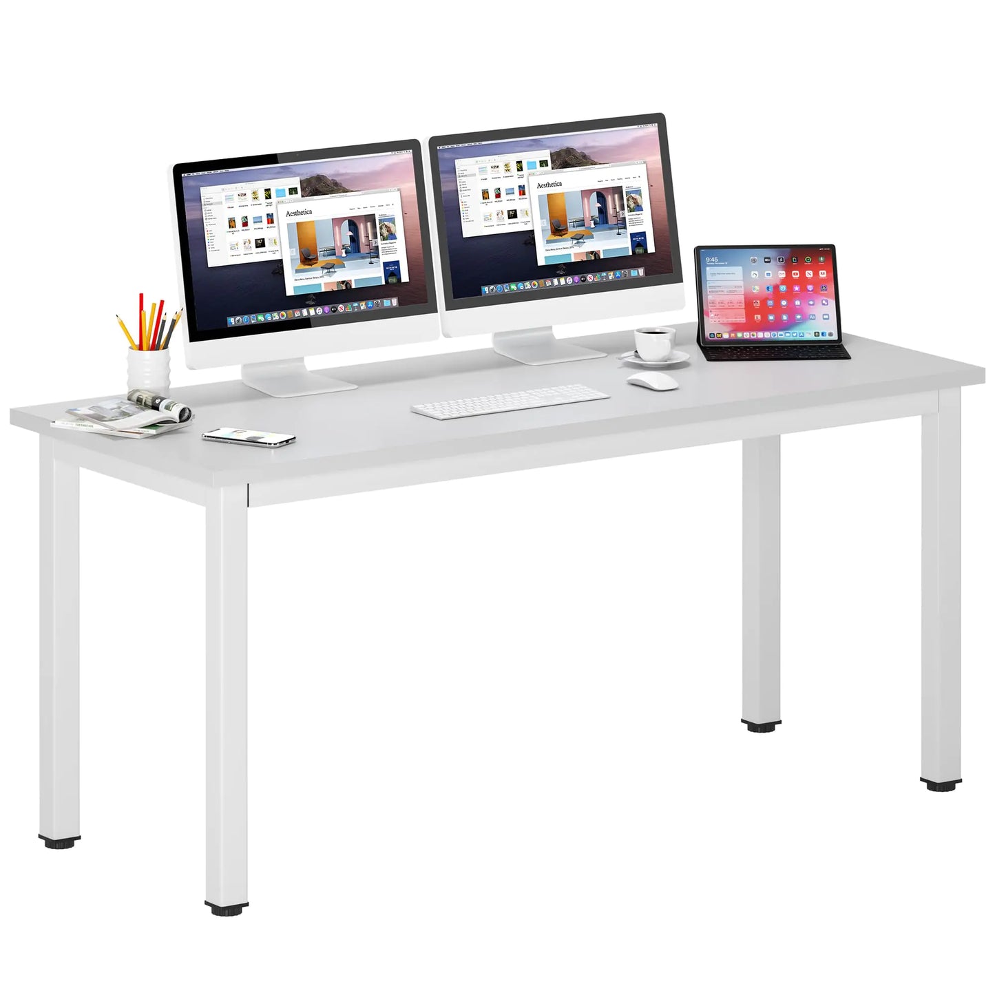 DlandHome 63 inches X-Large Computer Desk Composite Wood Board School Desk Decent and Steady Home Office Desk/Workstation/Table BS1-160WW White and White Legs 1 Pack
