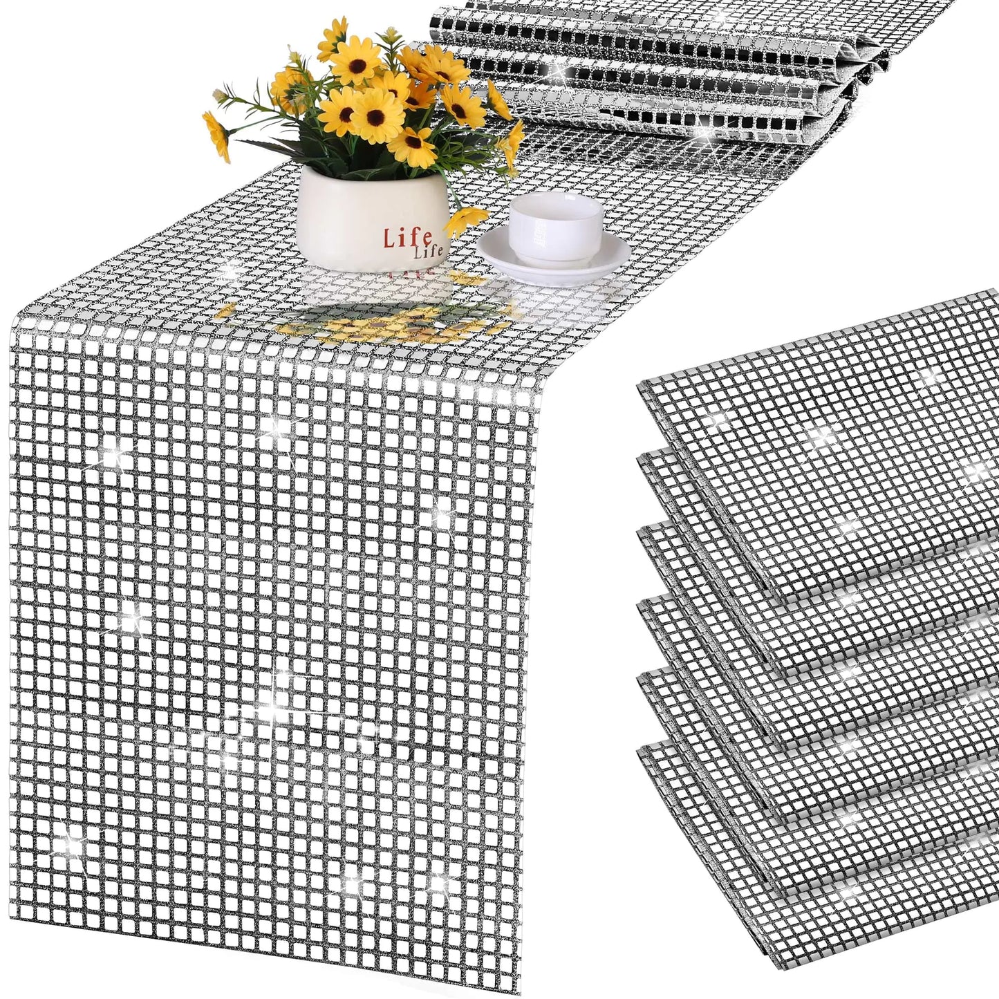 durony 6 Pack Disco Party Table Runner Mirror Silver Glitter Foil with Sparkle Sequin Table Runner for Bachelorette Party 70s Party Disco Cowgirl Party Decorations
