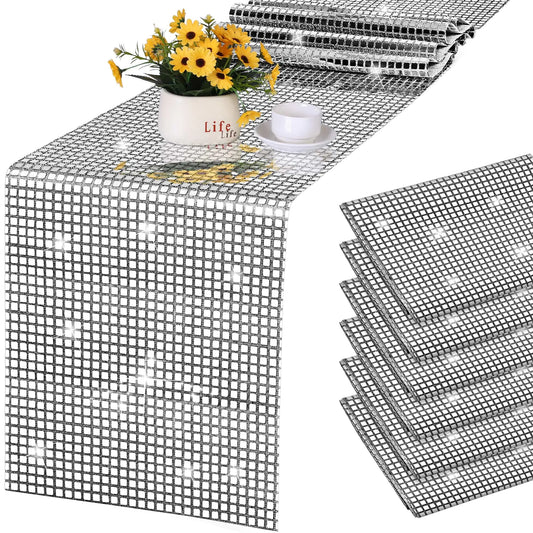 durony 6 Pack Disco Party Table Runner Mirror Silver Glitter Foil with Sparkle Sequin Table Runner for Bachelorette Party 70s Party Disco Cowgirl Party Decorations
