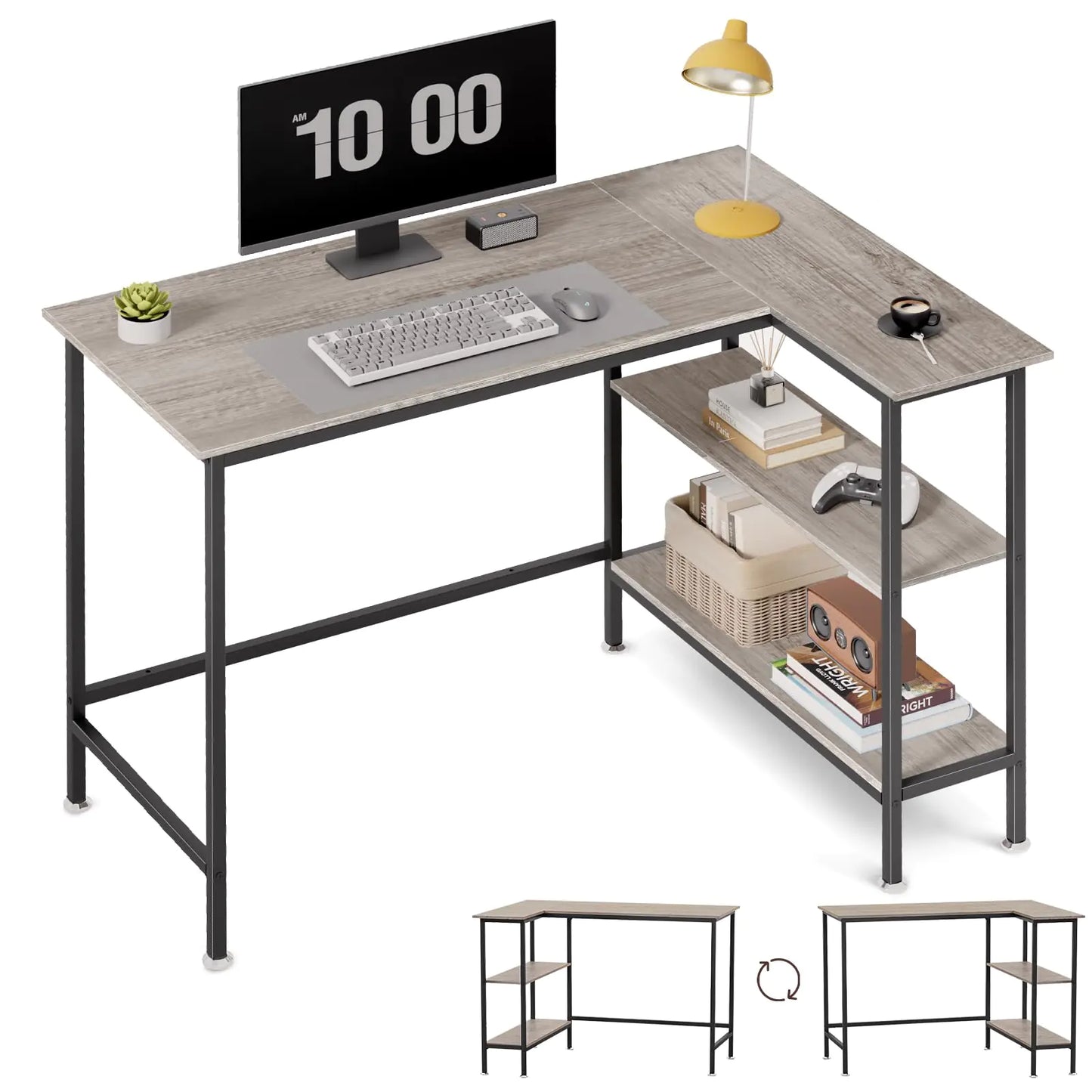 GZSHIYITECH L Shaped Office Desk with Reversible Storage Shelves Can be Used as a Game Desk or Computer Desk ，Modern Design Corner Desk (Gray)