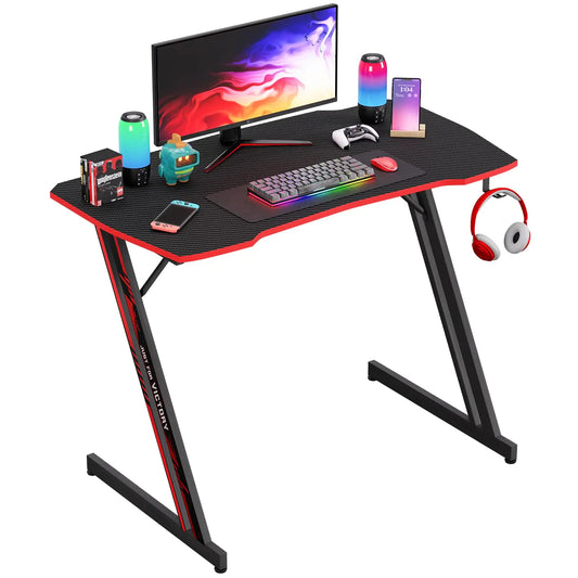 PayLessHere 39 Inch Z-Shaped Gaming Desk Computer Desk for Home Office with Headphone Hook Sturdy Workstation Table with Spacious DesktopRed