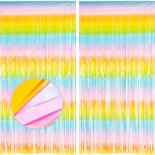MALANKU 2PCS Pastel Rainbows Foil Fringe Curtain Kids Party Decorations - 3.3X8.2ft Rainbows Party Photo Backdrop Party Streamers for Kids Birthdays Grad Easter Sweet Party Supplies