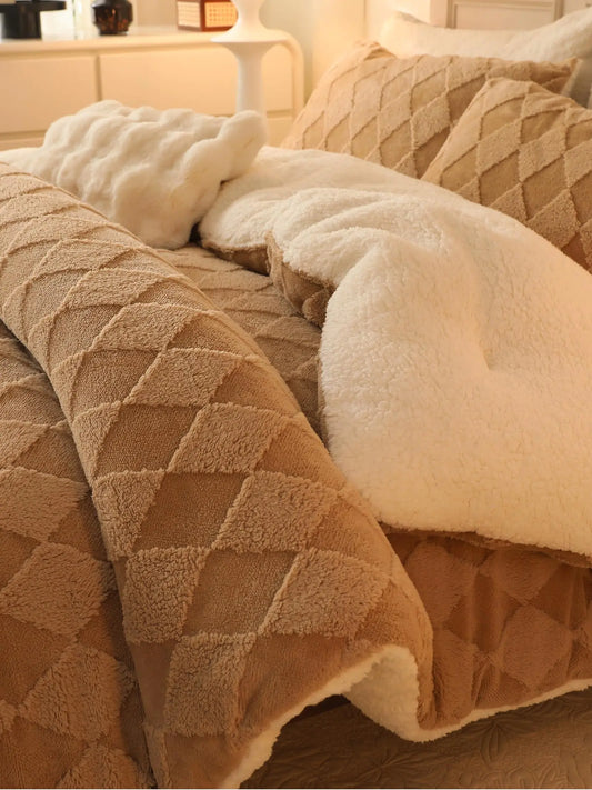 hadamick Tufted Fleece Comforter Set Queen - Super Soft Warm Fluffy Shaggy Bedding Sets Diamond Plaid Jacquard Bed Set for Winter 1 Sherpa Comforter with 2 Pillow Cases (90"X90" Beige)