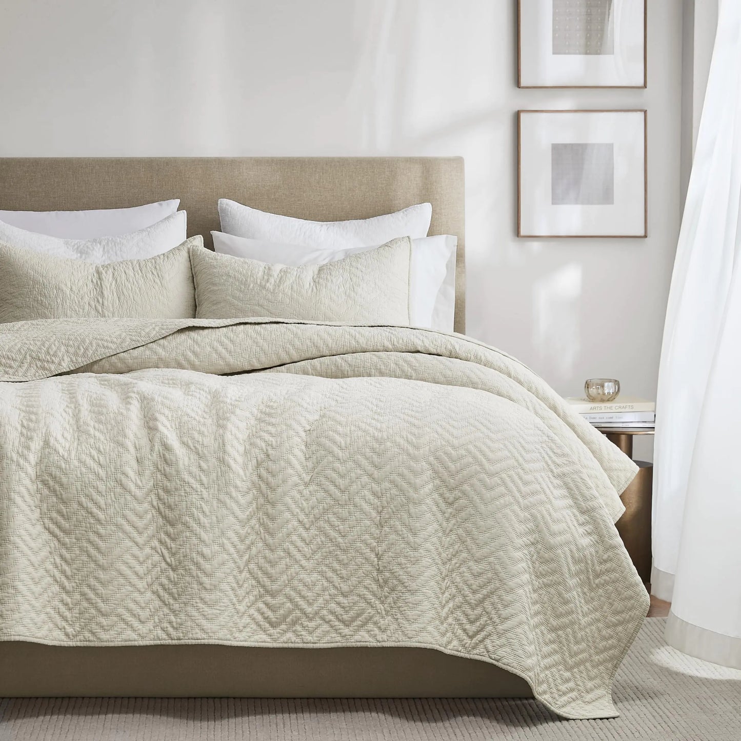 palassio Beige 100% Cotton Quilt King Size Bedding Sets with 2 Pillow Shams Lightweight Textured Farmhouse Country Bedspread Soft Shabby Chic Patterned Coverlet for All Season 3 Pieces