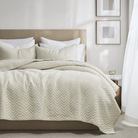 palassio Beige 100% Cotton Quilt King Size Bedding Sets with 2 Pillow Shams Lightweight Textured Farmhouse Country Bedspread Soft Shabby Chic Patterned Coverlet for All Season 3 Pieces