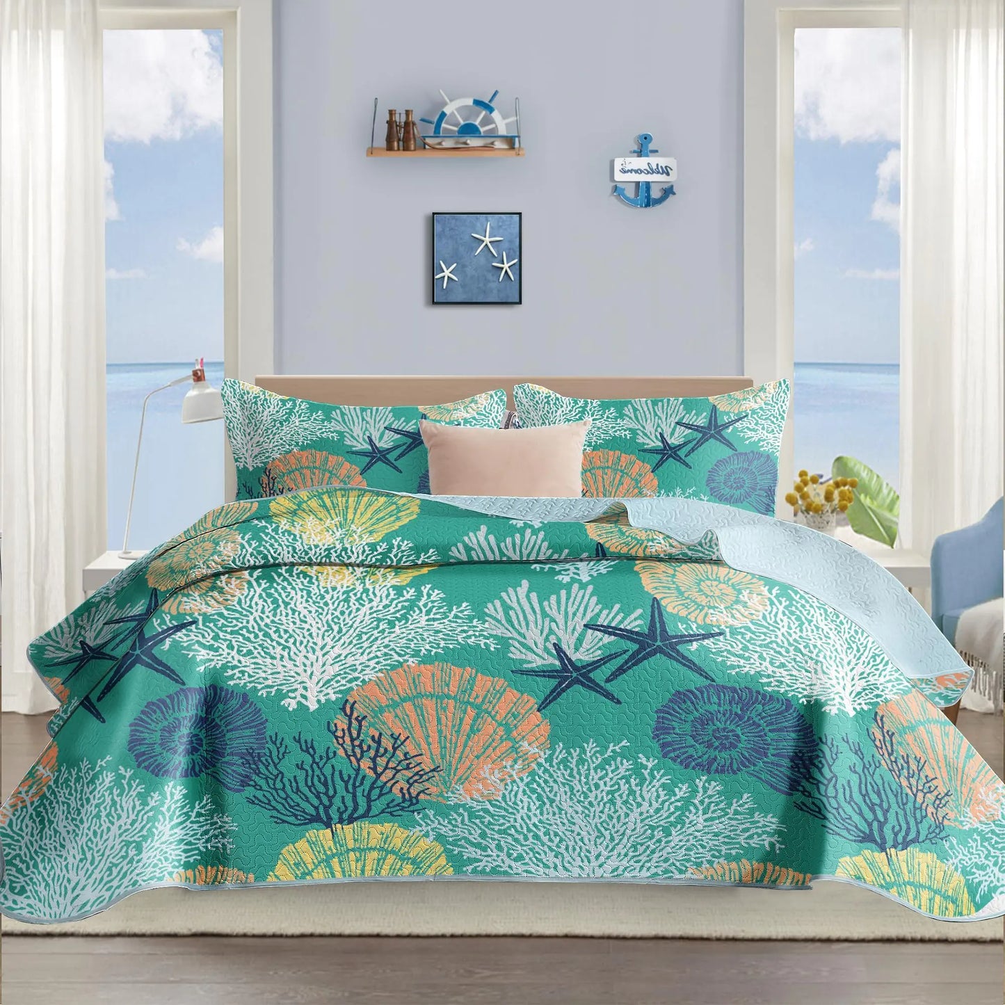 Tritard 3 Piece Coastal Quilt Sets Full/Queen Size - Reversible Microfiber Quilts with 2 Shams Soft Lightweight Beach Bedding Nautical Bedspread Coverlet Summer Comforter for All Season 90x96 C3
