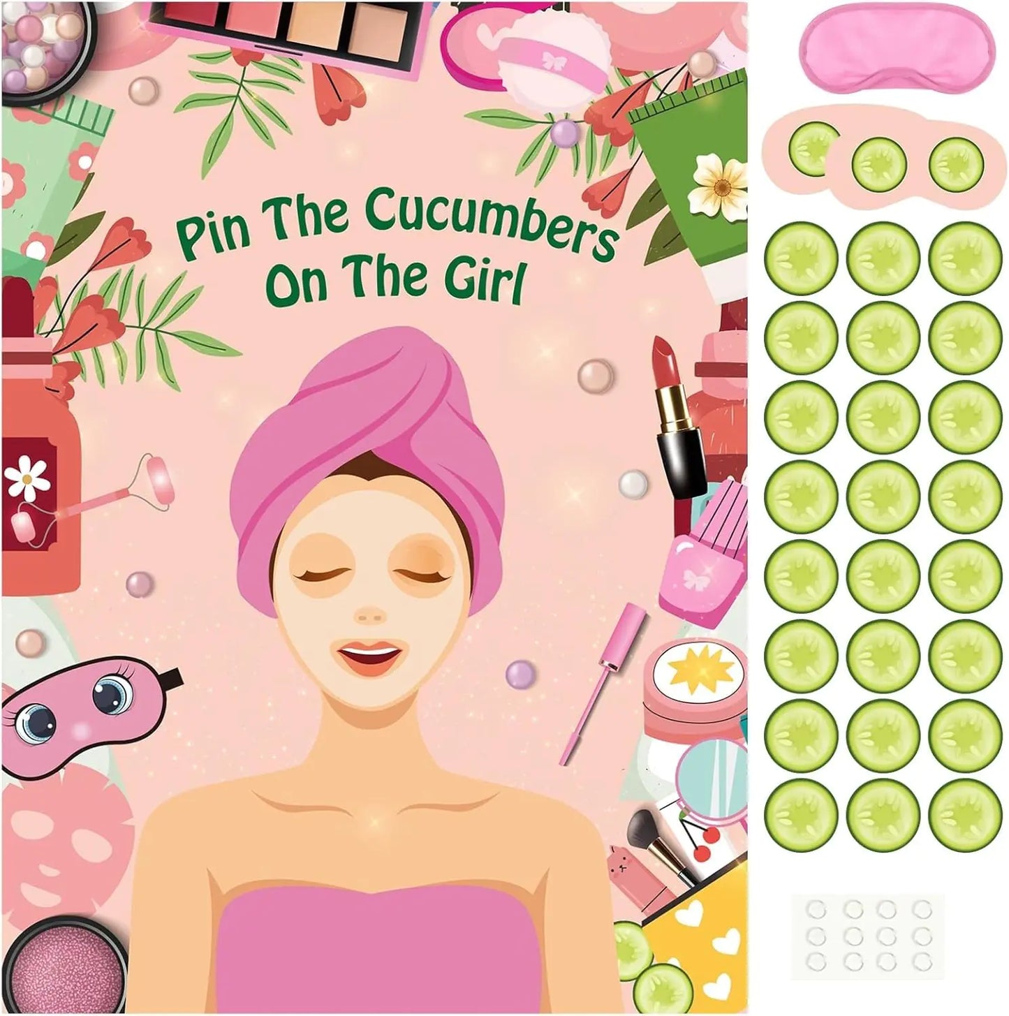 PLULON Spa Party Game for Girls Party Pin The Cucumber on The Girl Spa Game Poster for Kids Girl Spa Birthday Makeup Sleepover Slumber Party Supplies Women Party Decor