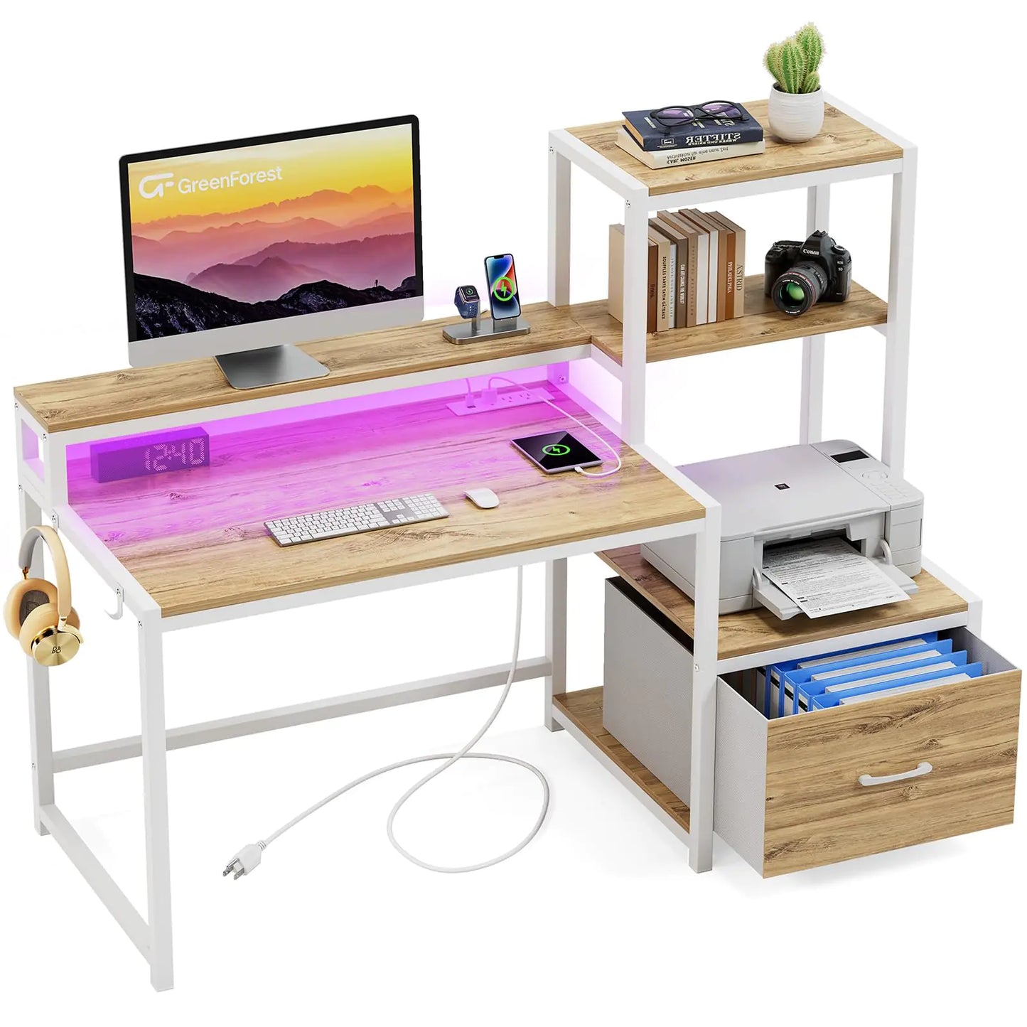 GreenForest Computer Desk with Drawers and Monitor Stand Home Office Desk with Storage Shelves Small Gaming Desk with Power Outlets and LED Lights for Study Writing Working 51 inch Oak