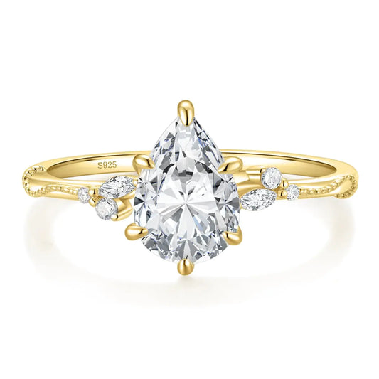 EAMTI 2CT 925 Sterling Silver Engagement Rings Pear Cut Gold Wedding Teardrop Bridal Rings Halo Cubic Zirconia Promise Rings for Women Size 7.5