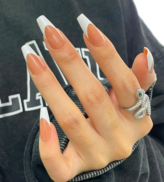 Artquee French Tip Press on Nails Long Gel Coffin Fake Nails Chocolate White Reusable Nail Kit with Nail Adhesive Tabs Mini Nail File Stick on Nails in 15 Sizes - 30 Nail Kit