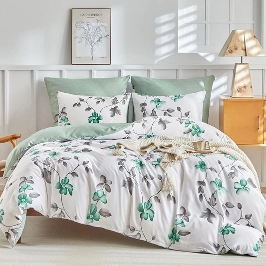Lekesky Duvet Cover Queen Size Farmhouse Reversible Mint Green Floral Duvet Cover White Bedding Duvet Cover Sets with Zipper 3 Pieces 1 Queen Duvet Cover 90"x90" and 2 Pillowcases 20"x26"