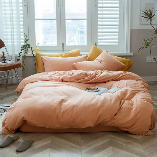 AMWAN Peach Pink Color Full Size Duvet Cover Soft Jersey Knit Cotton Duvet Cover Boho Orange Bedding Sets Solid Color Comforter Cover Luxury Soft T-Shirt Cotton Duvet Cover with Zipper Ties