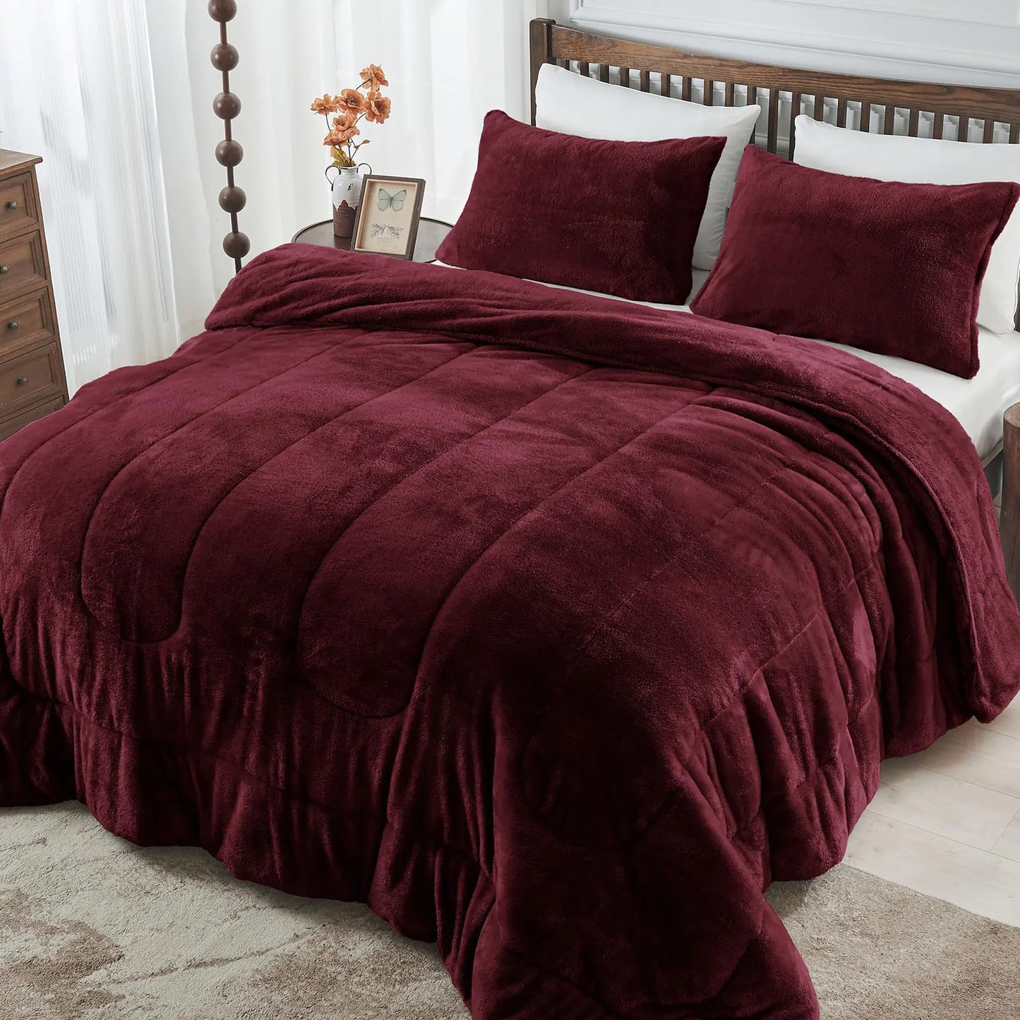 HCORA Faux Fur Queen Comforter Set Super Soft Double-Sided Fuzzy Bedding Comforter Sets 3 Pieces Cozy Warm Fluffy Plush Bed Comforter for Winter Non-Shedding (90"x90" Red)