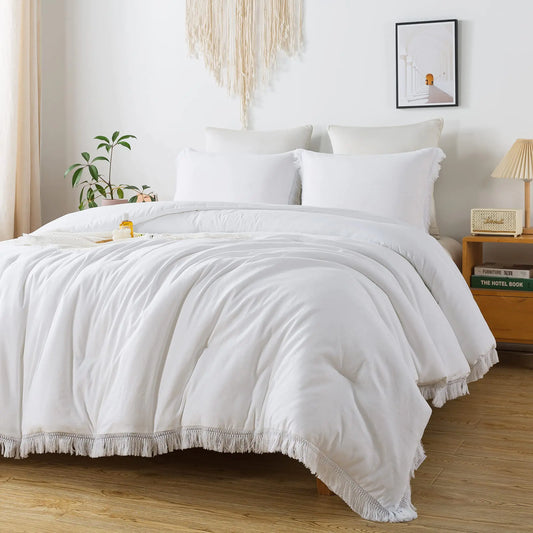 Andency White Comforter Set Full 3 Pieces Boho Lightweight Bedding Comforters & Sets All Season Soft Fluffy Tassel Bed Set (79x90In Comforter & 2 Pillowcases)