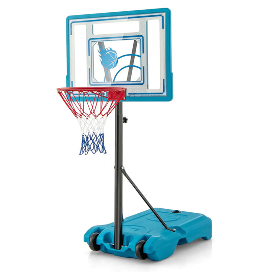 GYMAX Pool Basketball Hoop Height Adjustable Swimming Pool Basketball Hoop with Fillable Base & Built-in Wheels Pool Basketball Hoop Poolside for Kids Teens Adults