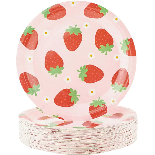 SHIBADOU Strawberry Party Paper Plates - 50 PCS Disposable Party Supplies Strawberry Paper Dessert Plates for Birthday Party Baby Shower Summer Fruit 1st Party (7 inches)