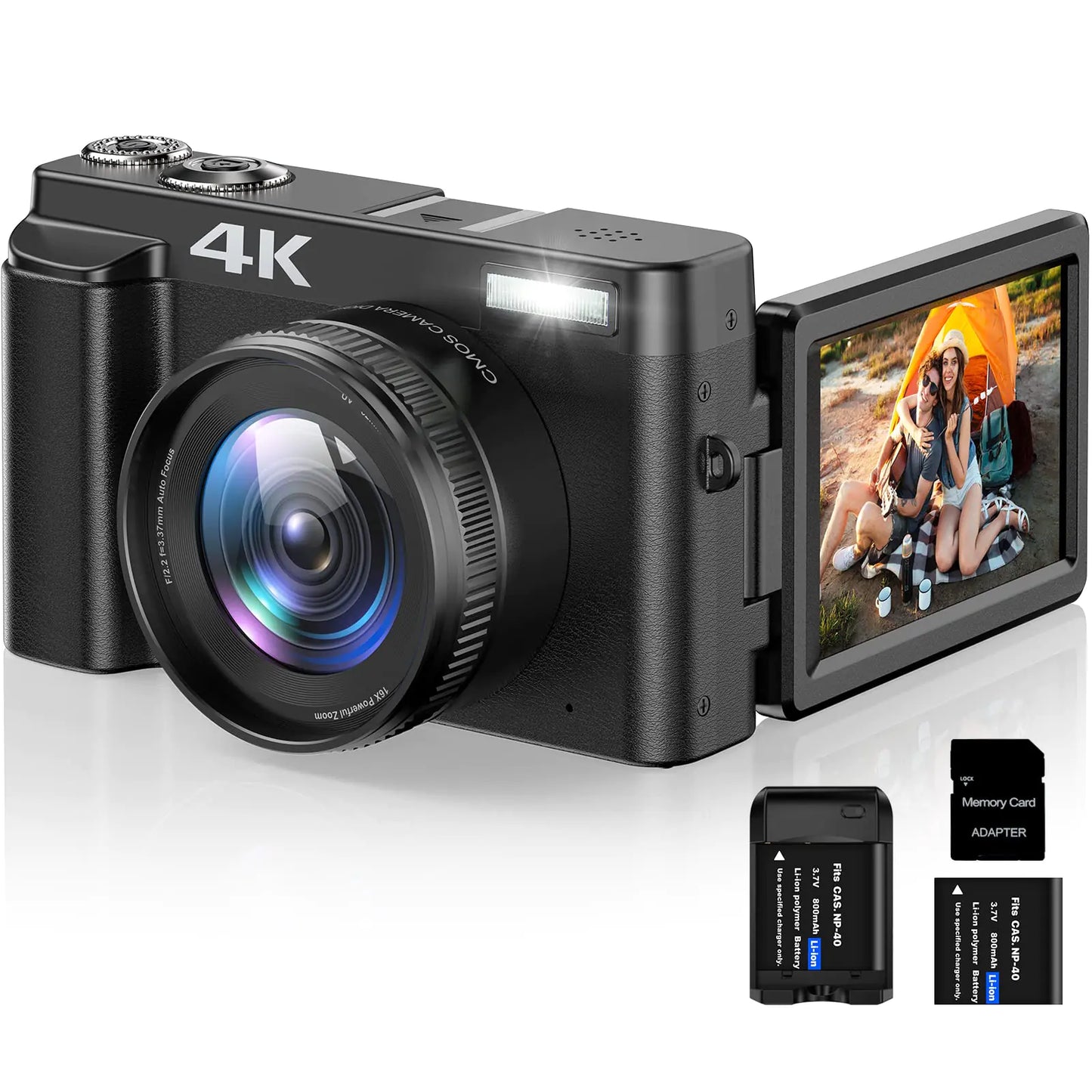 4K Digital Camera for Photography Autofocus 16X Digital Zoom 48MP Vlogging Camera with 32GB SD Card 3 180° Flip Screen Compact Camera2 Batteries