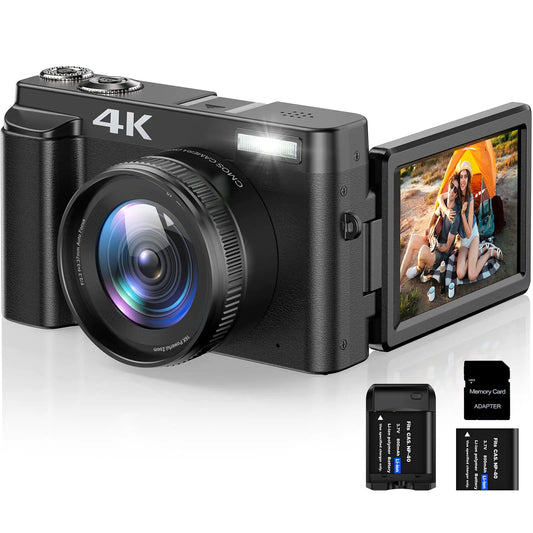 4K Digital Camera for Photography Autofocus 16X Digital Zoom 48MP Vlogging Camera with 32GB SD Card 3 180° Flip Screen Compact Camera2 Batteries