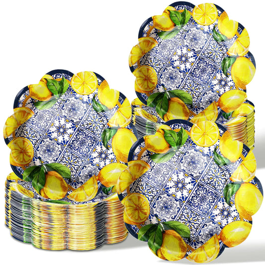 100 Pcs Capri Lemon Paper Plates Disposable Dessert Plates Baby Bridal Shower Party Supplies Floral Dessert Plates Bulk Birthday Party Tea Party Serving Tray for Wedding Birthday Party Supplies