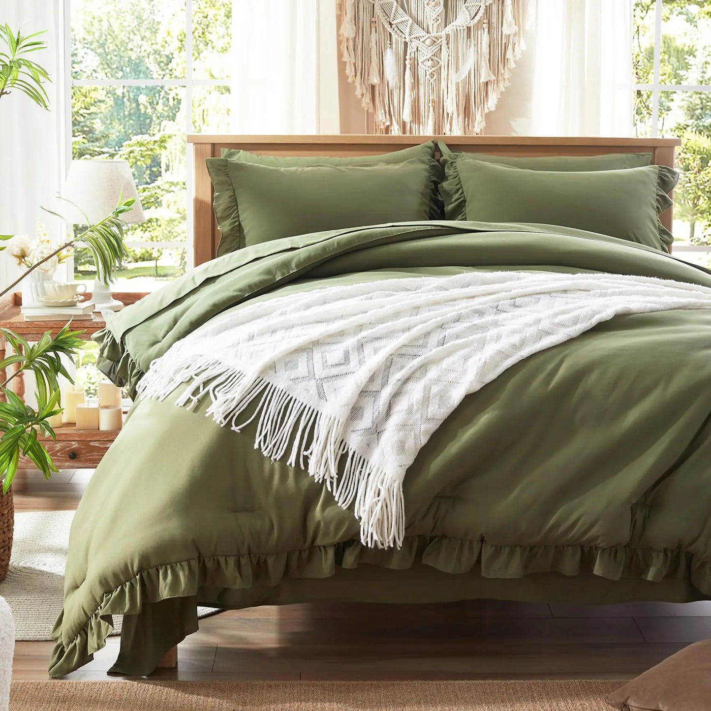 Anluoer Queen Comforter Set 7 Piece Olive Green Bed in a Bag with Sheets All Season Ruffle Shabby Chic Bedding Sets with 1 Comforter 2 Pillow Shams 2 Pillowcases 1 Flat Sheet 1 Fitted Sheet