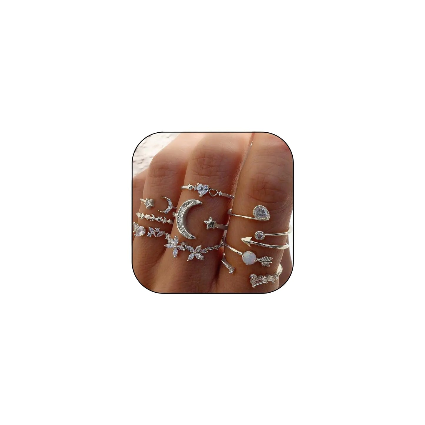 CSIYSNJRY99 Dainty Silver Rings for Women Boho Stackable Star Moon Flower Silver Rings Set for Teens Vintage Crystal Knuckle Stacking Rings