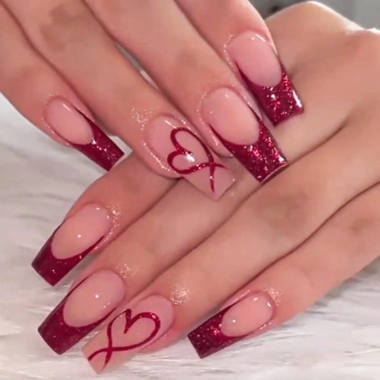 Glossy Red Heart Press-On Nails