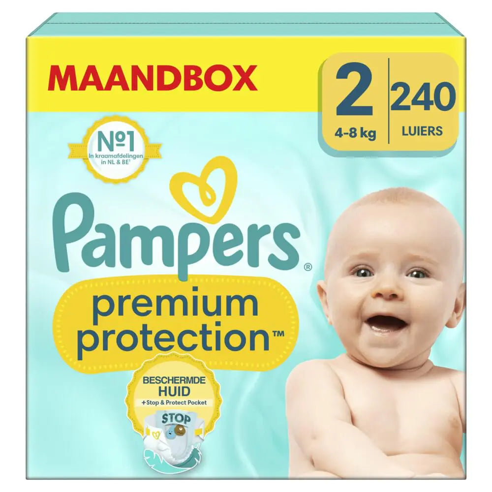 Pampers Premium Protection Size 2 240 Nappies 4-8 kg Double Protection for Skin and Leaks with Stop & Protect Pocket to Help Capture Leaks Pack 1 Month