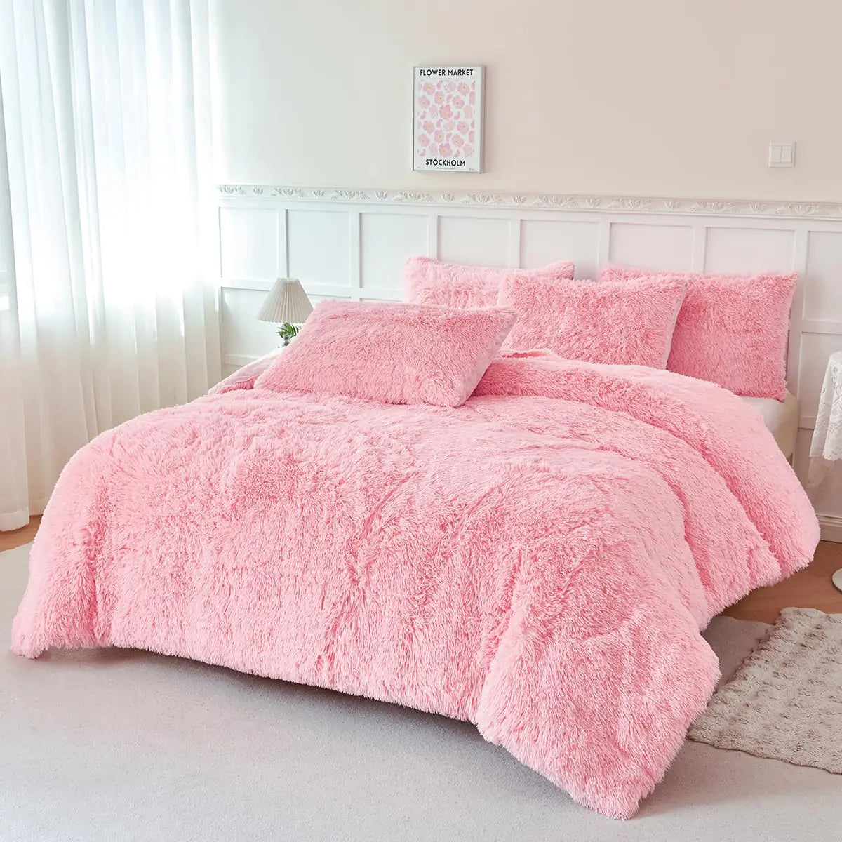 PERFEMET 3 Pieces Plush Pink Comforter Sets Full Size Soft Long Faux Fur Shaggy Girls Bedding Set Warm Velvet Fluffy Fuzzy Bed Set for Kids Teens(Pink Full)