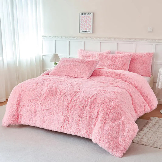 PERFEMET 3 Pieces Plush Pink Comforter Sets Full Size Soft Long Faux Fur Shaggy Girls Bedding Set Warm Velvet Fluffy Fuzzy Bed Set for Kids Teens(Pink Full)
