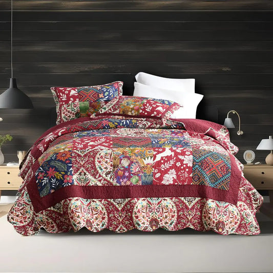 ENASAL Cotton Bedspread Quilt Sets Reversible Bedding Coverlet Sets Comforters Vintage Luxury Damask Floral Real Patchwork Burgundy BedspreadKing Size