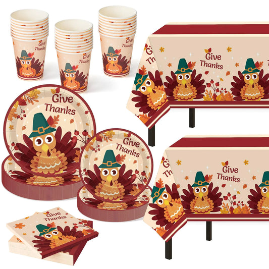 Thanksgiving Party Supplies 102 Pcs Give Thanks Themed Party SetThanksgiving Dinnerware SetsThanksgiving Tablecloths Plates Cups NapkinsThanksgiving Party Tableware For Fall Dinner Party Decoration