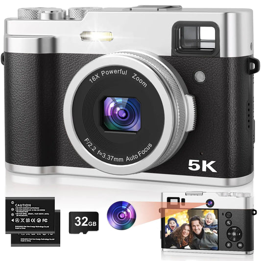 5K Digital Camera for Photography 48MP Dual Camera Autofocus Vlogging Camera for YouTube with Viewfinder16X Digital Zoom Anti Shake Compact Travel Camera with 32GB SD Card 2 Batteries