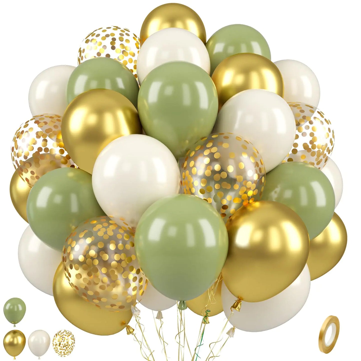 Sage Green and Gold Balloons 50 PCS Sage Green Party Balloons 12 Inch Metallic Gold Confetti Avocado Green Sand White Latex Balloons for Birthday Jungle Safari Wedding Baby Shower Party Decorations