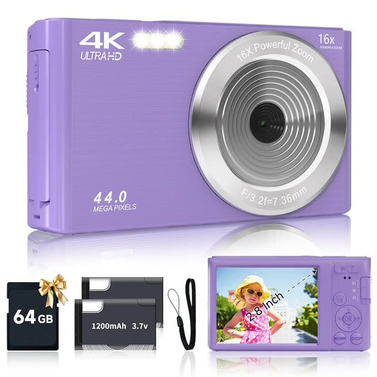 Digital Camera for Teens FHD 4K 44MP Digital Camera Purple with 64GB SD Card 16X Digital Zoom Cameras for Photography Compact Point and Shoot Camera for Teen Boys Girls Kids Camera Digital Purple