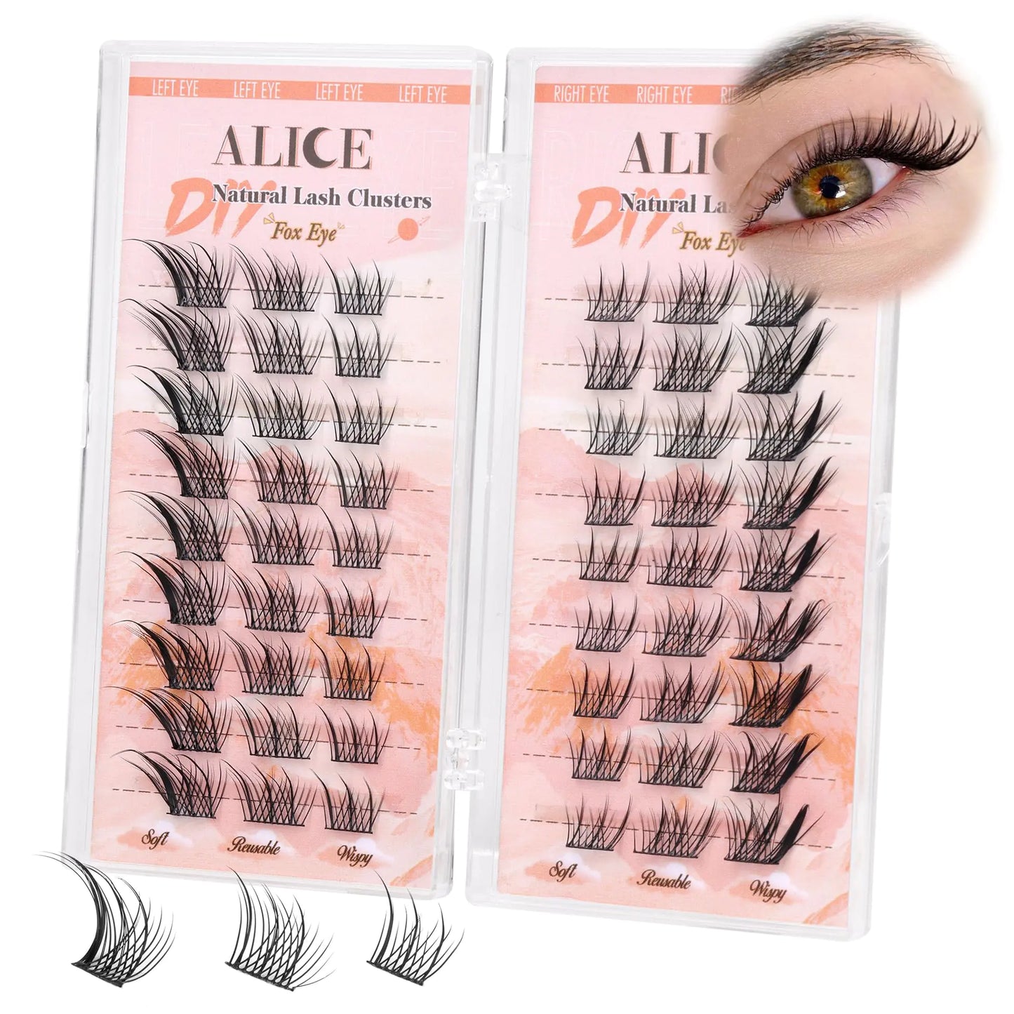 ALICE Natural Lash Clusters Cat Eye Cluster Lash Extensions C Curl Fox Eye Eyelash Clusters Wispy Eyelash Extension Left&Right DIY Individual Lashes